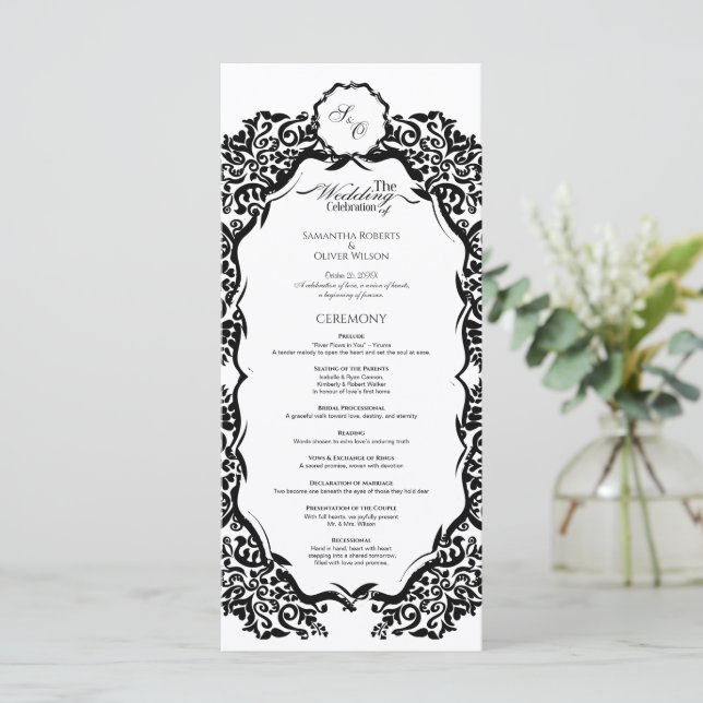 Black and White Monogram Wedding Program (Standing Front)
