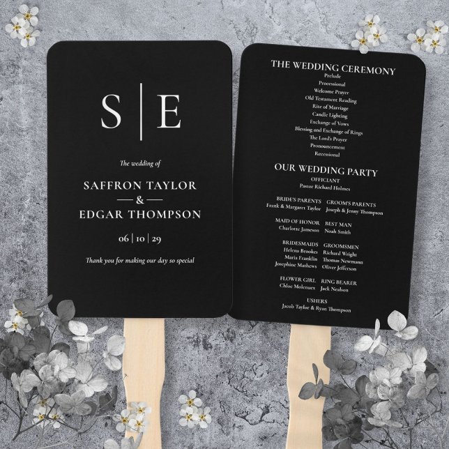 Black And White Monogram Wedding Program Hand Fan (Black And White Monogram Wedding Program Hand Fan)