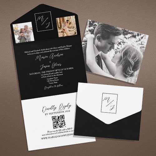 Black and White Monogram Wedding QR Code All In One Invitation