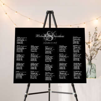 Black and White Monogram Wedding Seating Chart Foam Board