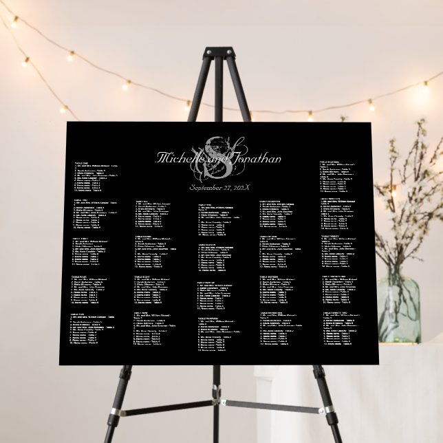Black and White Monogram Wedding Seating Chart Foam Board (In Situ (Stand))