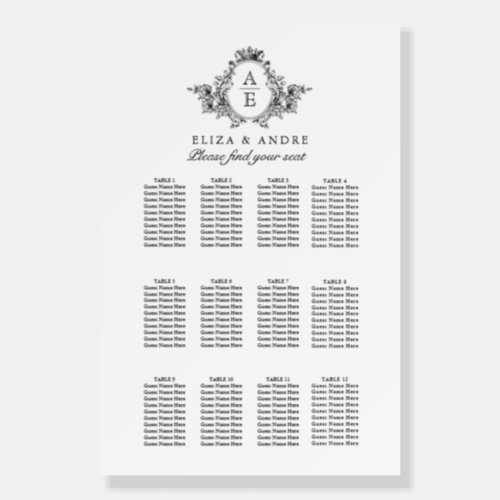 Black and White Monogram Wedding Seating Chart  Foam Board