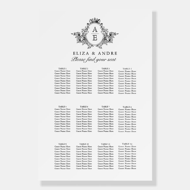 Black and White Monogram Wedding Seating Chart  Foam Board (Front)