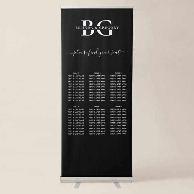 Black and White Monogram Wedding Seating Chart Retractable Banner (Front)