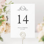 Black and White Monogram Wedding Table Number<br><div class="desc">Help your guests find their table with this elegant monogrammed table number. Double-sided cards. Black and white design with clear space all around gives you the liberty to use a table holder or frame. Attractive hand-drawn botanical crest monogram. Ability to make changes to text size, style, or position by selecting...</div>