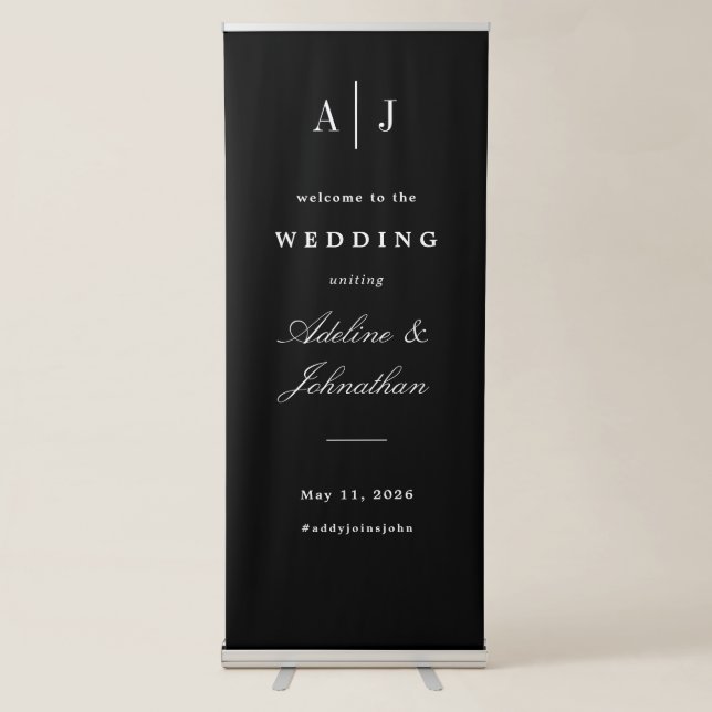 Black and White Monogram Wedding Welcome Retractable Banner (Front)