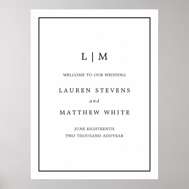 Black and White Monogram Wedding Welcome Sign (Front)