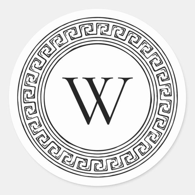  Black and White Monogram with Greek Key Pattern Classic Round Sticker (Front)