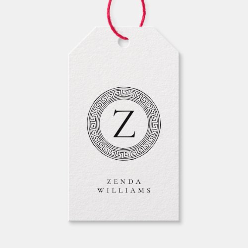  Black and White Monogram with Greek Key Pattern Gift Tags