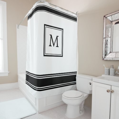 Black and White  Monogram with Stripes Shower Curt Shower Curtain