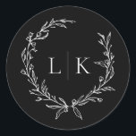 Black and White Monogram Wreath Wedding Classic Round Sticker<br><div class="desc">Elegant black and white monogram wreath wedding sticker.</div>