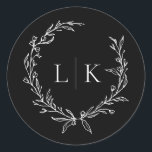 Black and White Monogram Wreath Wedding Classic Round Sticker<br><div class="desc">Elegant black and white monogram wreath wedding sticker.</div>