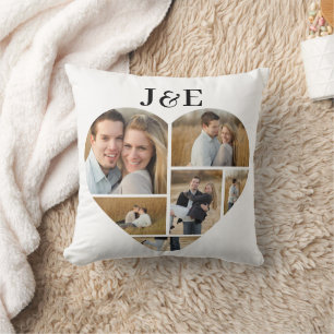 Black and White Monogramed Heart Photo Collage Throw Pillow