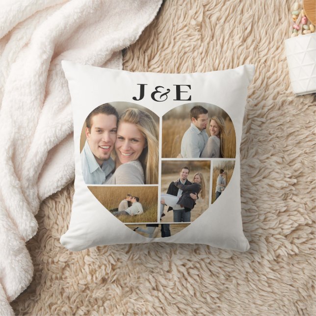 Black and White Monogramed Heart Photo Collage  Throw Pillow (Blanket)
