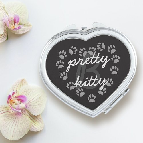 Black and White Monogrammed Cat Paw Print Heart  Mirror For Makeup