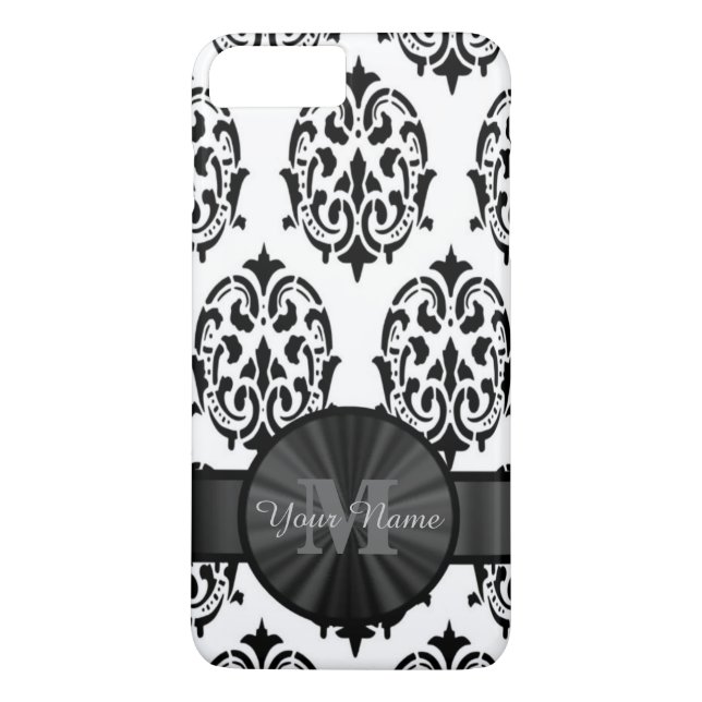 Black and white monogrammed damask Case-Mate iPhone case (Back)