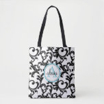 Black And White Monogrammed Damask Tote Bag at Zazzle