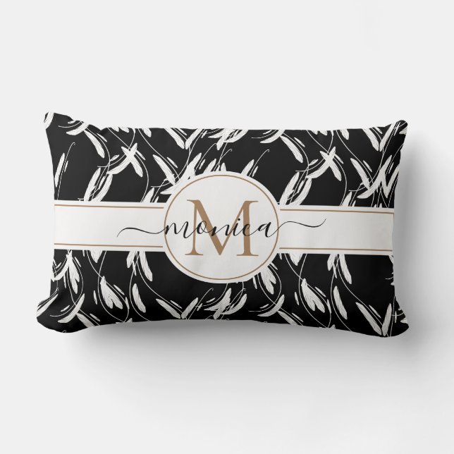 Black and White Monogrammed Floral Lumbar Pillow (Front)
