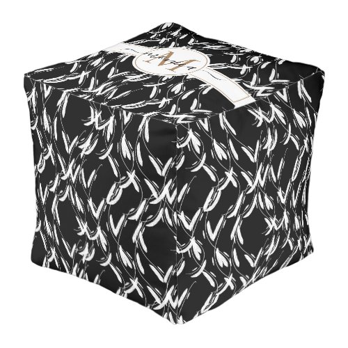 Black and White Monogrammed Floral Pouf