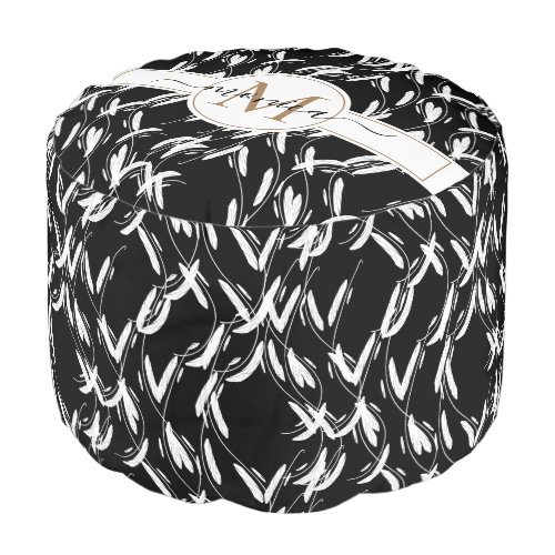 Black and White Monogrammed Floral Pouf