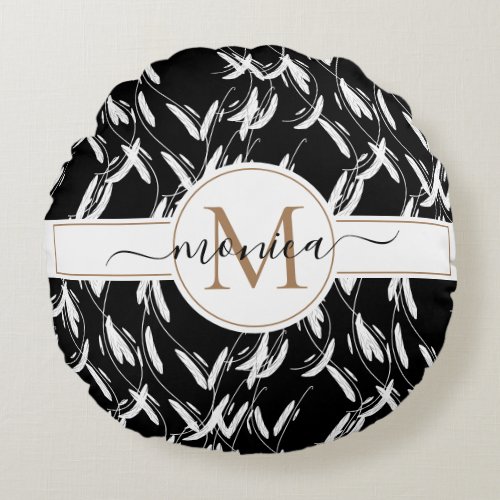 Black and White Monogrammed Floral Round Pillow