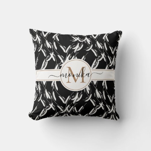 Black and White Monogrammed Floral Throw Pillow