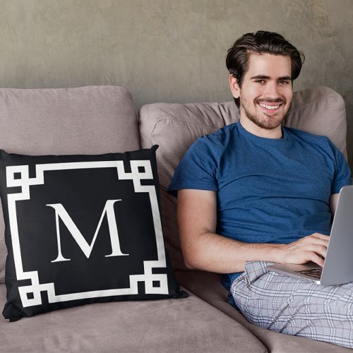 Black and White Monogrammed Greek Key Border Throw Pillow