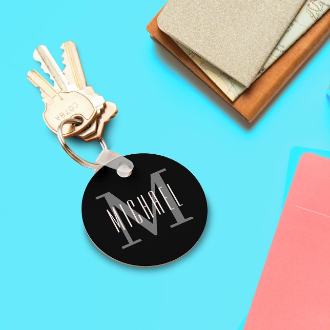 Black and White Monogrammed Initial & First Name Keychain (Creator Uploaded)