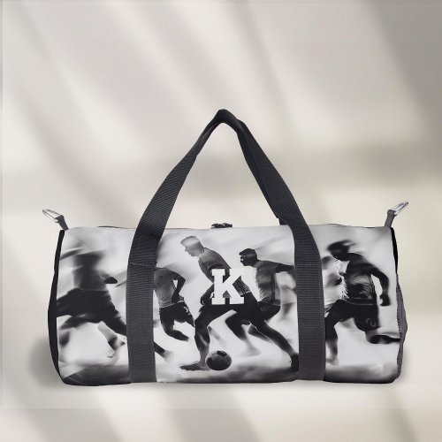 black and white monogrammed soccer duffle bag