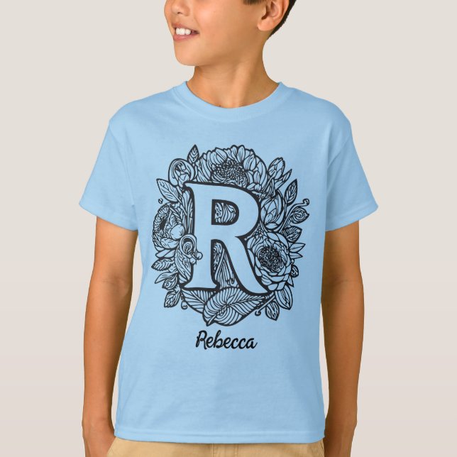 Black and White Monogrammed Tattoo Style Flowers T-Shirt (Front)
