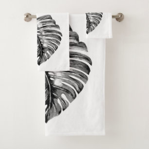 Black and White Monstera Leaf Bath Towel Set
