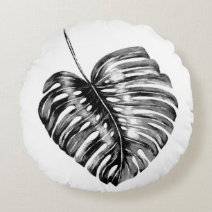 Black and white monstera leaf tropical palm round pillow