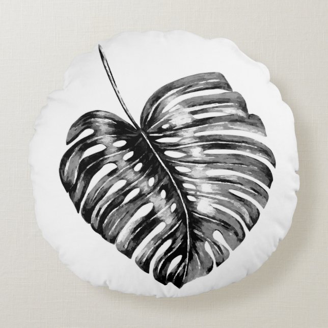 Black and white monstera leaf tropical palm round pillow (Front)