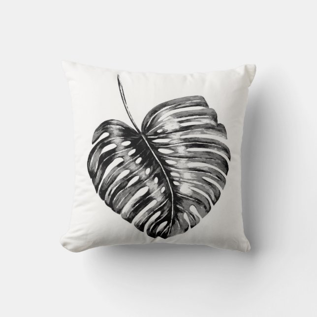 Black and white monstera leaf tropical palm throw pillow (Front)