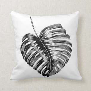 Black and white monstera leaf tropical palm throw pillow