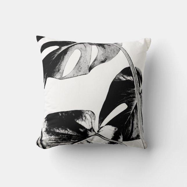 Black and white monstera leaves tropical palm throw pillow (Front)