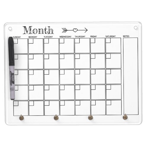 Black and White Monthly Calendar Dry Erase Board With Keychain Holder