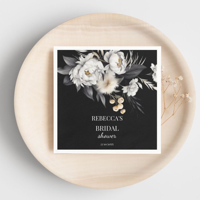 Black and white moody boho bridal shower template napkins (Black and white moody boho bridal shower template napkins personalized bridal shower tableware)