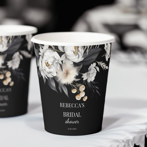 Black and white moody boho bridal shower template paper cups