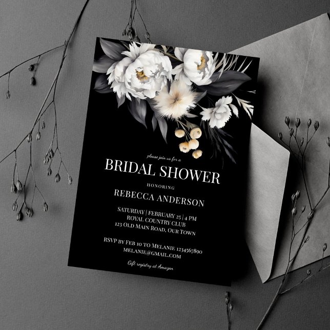 Black and white moody elegant boho bridal shower invitation (Black and white moody elegant boho flowers bridal shower  template invitation digital download )