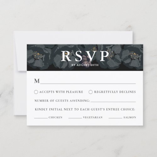 Black and White Moody Floral Wedding RSVP Card