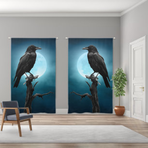 Black and White Moon Crows, Ravens Blackout Curtains