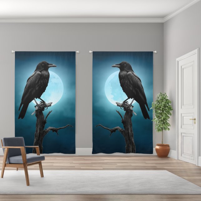 Black and White Moon Crows, Ravens Blackout Curtains (Wide)
