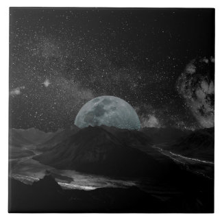 Black and White Moon Night Sky Mountain Galaxy Ceramic Tile