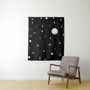 Black and White Moons and Stars Tapestry