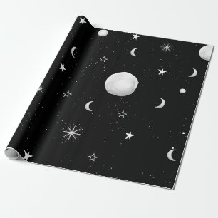 Black and White Moons and Stars Wrapping Paper
