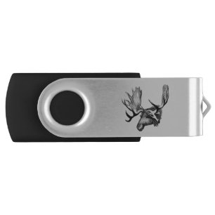 Black and White Moose Illustration Flash Drive