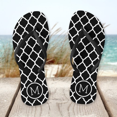 Black and White Moroccan Quatrefoil Monogram Flip Flops