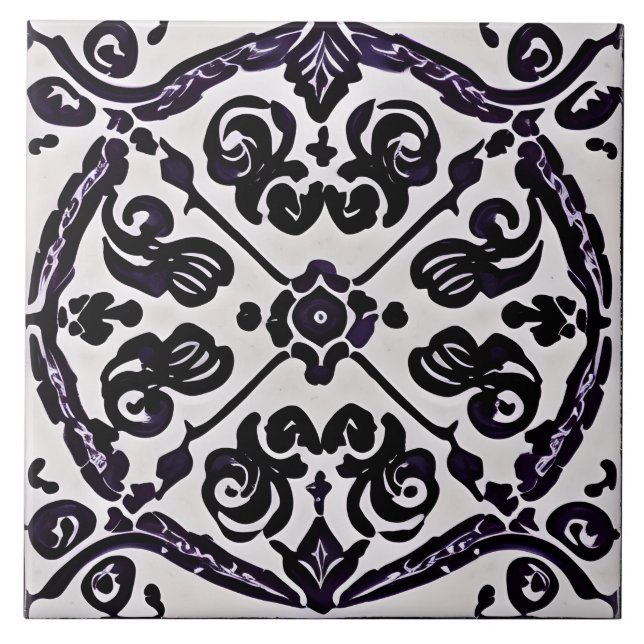 Black and White Moroccan Style Simulated Mosaic Ceramic Tile (Front)