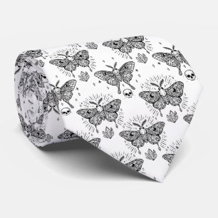 Black and White Moth Butterfly Pattern Neck Tie